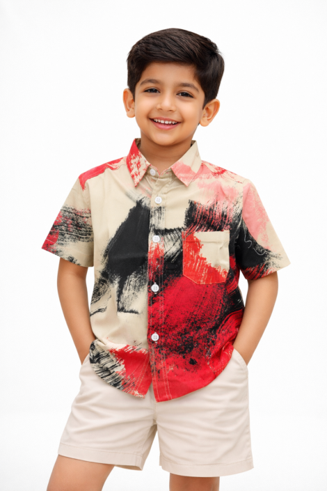 Boys Abstract Brush Print Cotton Half Sleeve Shirt