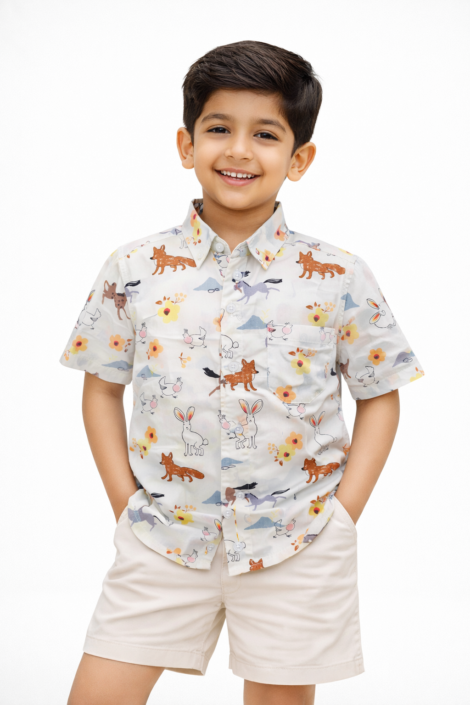 Boys Animal Print Cotton Half Sleeve Shirt