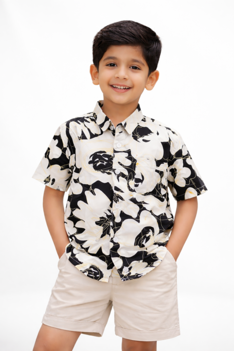 Boys Black & White Floral Printed Cotton Half Sleeve Shirt