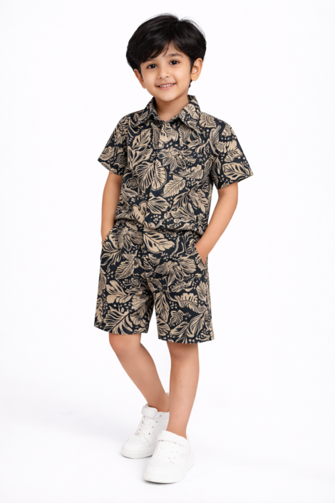 Boys Co-Ord Set – Beige Leaf Black