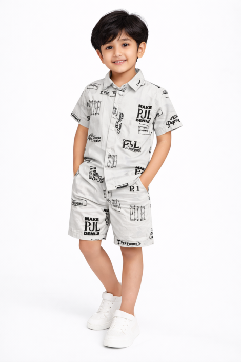 Boys Co-Ord Set – White Typography – Milmith