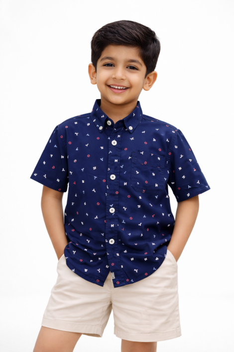 Boys Navy Alphabet Printed Cotton Half Sleeve Shirt
