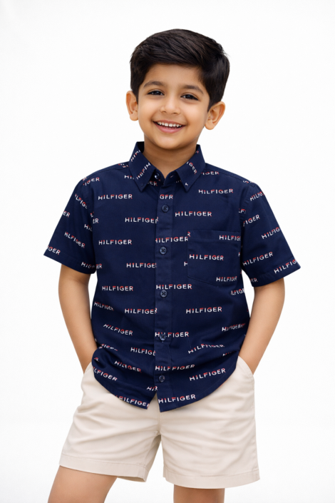 Boys Navy Typography Printed Cotton Half Sleeve Shirt
