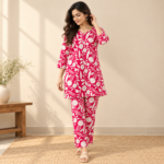 Women’s Fuchsia Pink Floral Printed Kurti Set – Top & Pyjama