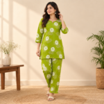 Women’s Lime Green Floral Printed Kurti Set – Top & Pyjama