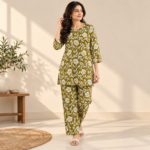 Women’s Olive Green Rose Print Kurti Set – Top & Pyjama