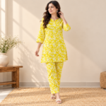 Women’s Yellow Floral Printed Kurti Set – Top & Pyjama