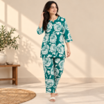 Women’s Teal Floral Printed Kurti Set – Top & Pyjama