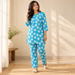 Women’s Turquoise Floral Printed Kurti Set – Top & Pyjama
